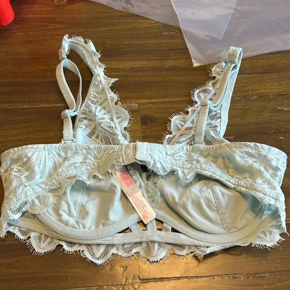PINK Victoria's Secret Light Blue Lace Date Unlined Wired Bra Bralette M Sexy - Picture 3 of 4